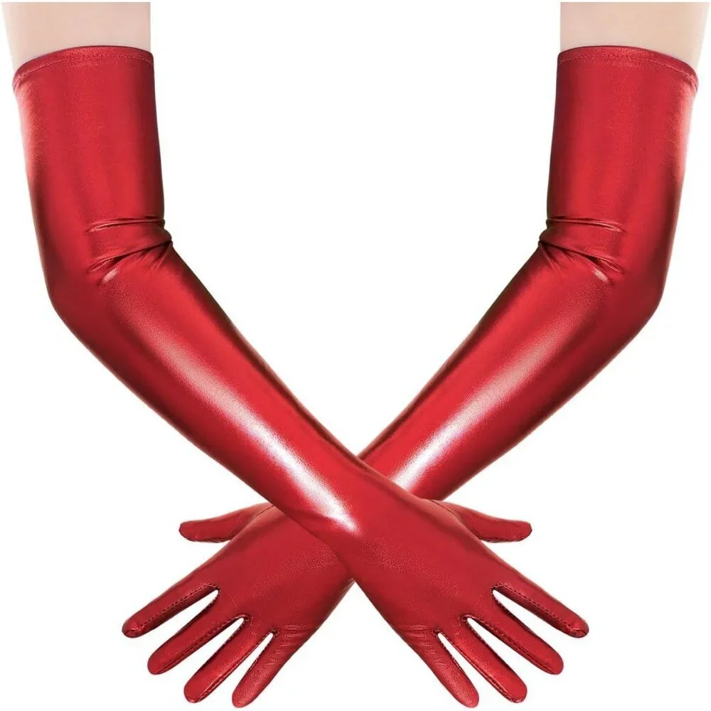 Women's Shiny Red Metallic Wet Look Gloves Elbow Length Halloween Costumes